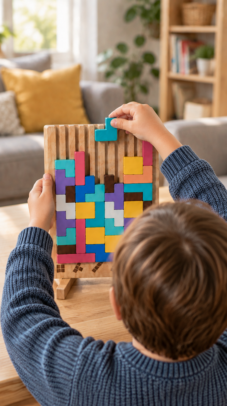 Enfant de dos qui joue au Tetris en bois